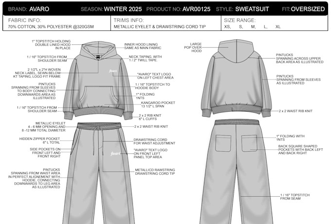 create a manufacture ready fashion tech pack of your designs